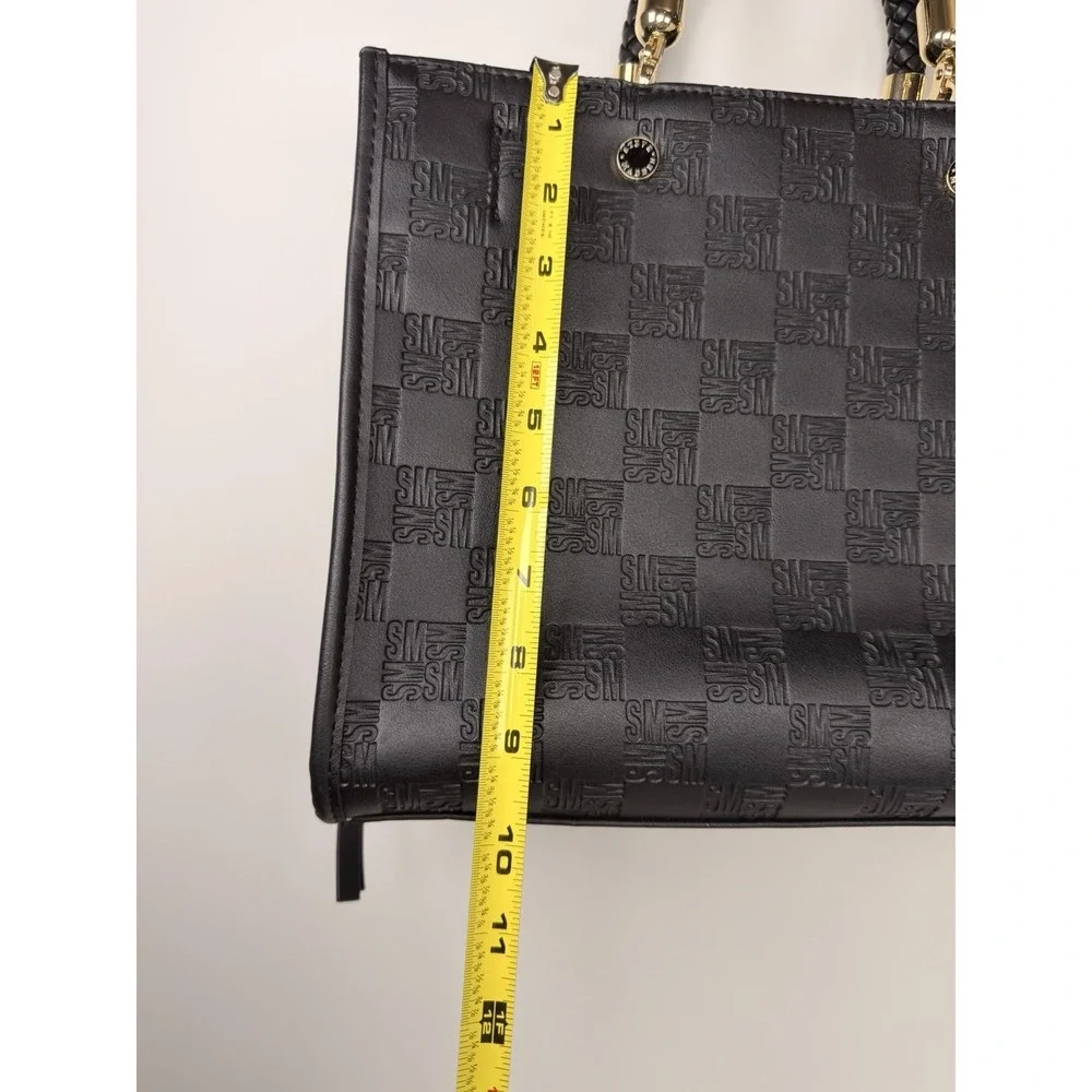 Steve Madden Black Monogram Satchel Purse Gold Hardware Braided Handle Bag